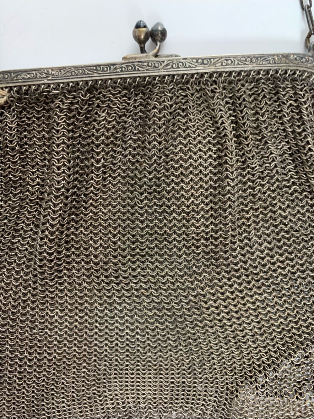 Antique 1920s German Alpacca Silver Mesh Purse - Blue Sapphire Kiss Clasp - Picture 2 of 8